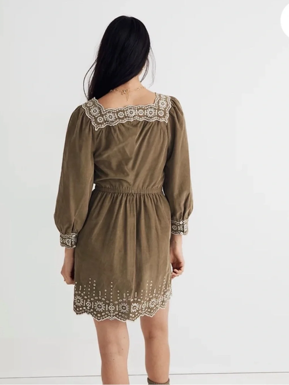 Madewell Olive Green Square-Neck Embroidered Long-Sleeve Dress